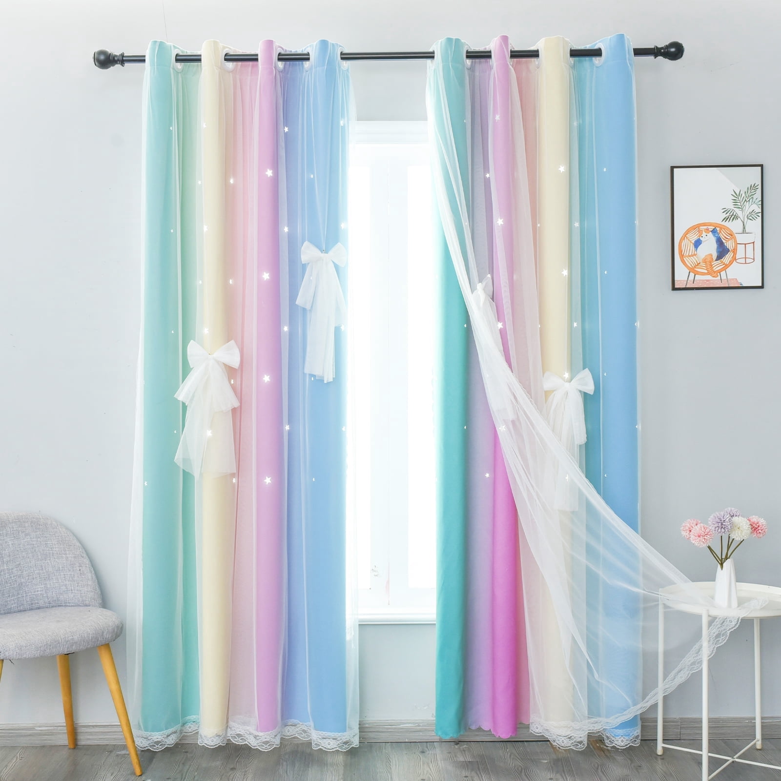 EDIONS 96" Star Curtains 2 Panels - Rainbow Ombre Blackout Curtains With Cut-Out Stars For Kids Room - View #8