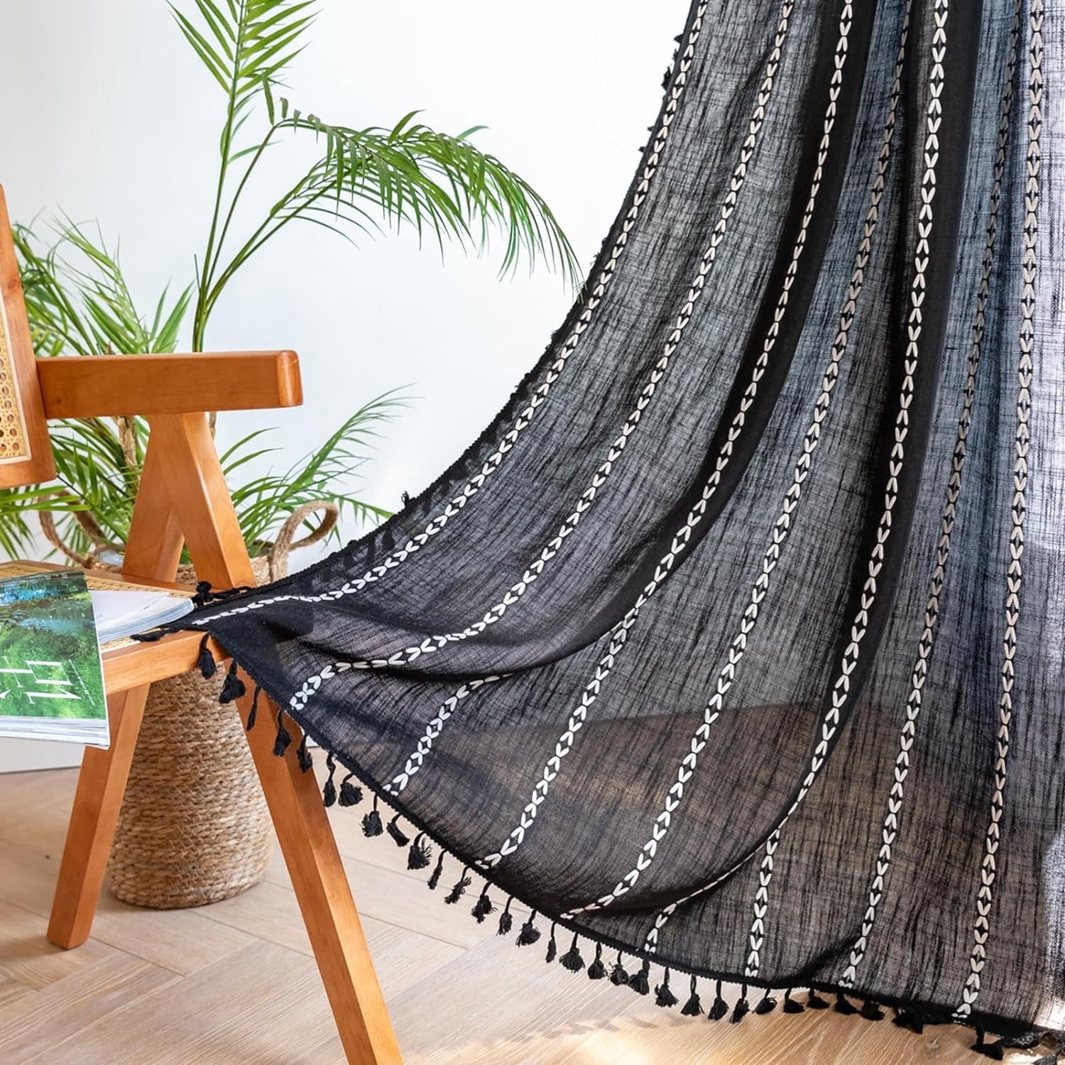 Psoiuetr Black Boho Curtains for Bedroom Living Room Linen Cotton Embroidered Semi Blackout Farmhouse Window Treatment Drape Vintage Tassels Rod Pocket 1 Panel 52" W x 84" L