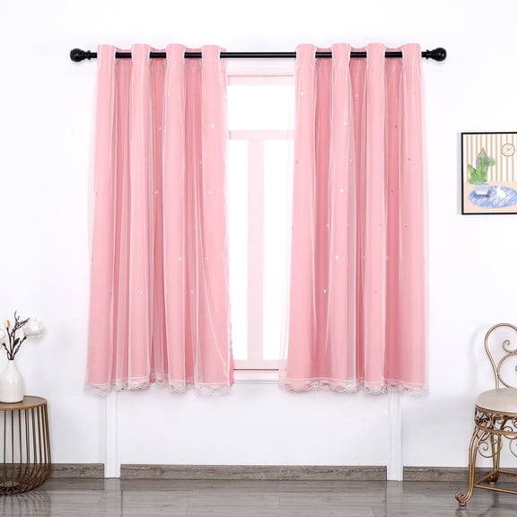 Psoiuetr Blackout Gradient Ombre Curtains for Kids Girls Bedroom Living Room Decor Rainbow Double Layers Star Cut Out Stripe Pink Grommet Window Curtains,52"x63",1 Panel