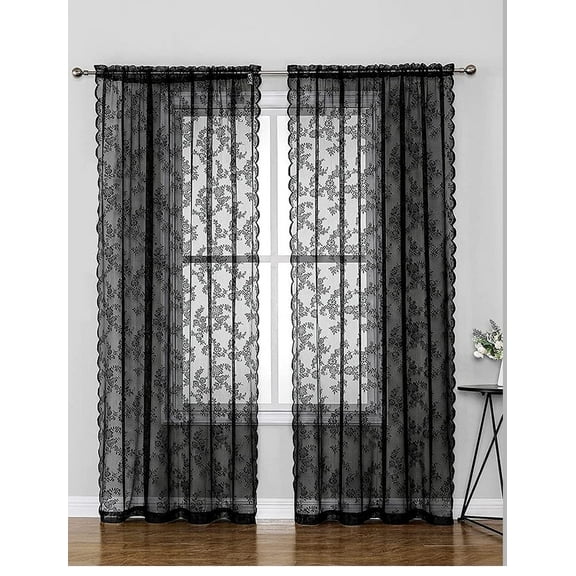 Black Lace Curtains 84 Inches Long - Vintage Floral Black Sheer Curtains 1 Panel, Gothic Sheer Lace Curtains for Living Room, Rod Pocket Black Sheer Window Curtain Panels, 52 x 84 Inch, Black