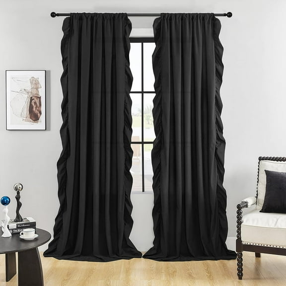 Black Ruffle Curtains 84 Inches Long for Bedroom Living Room Fabric Rod Pocket Light Filtering Romantic Farmhouse Boho Curtains for Girls Room Opaque Window Privacy Decor,1 Panels, 52"x84"