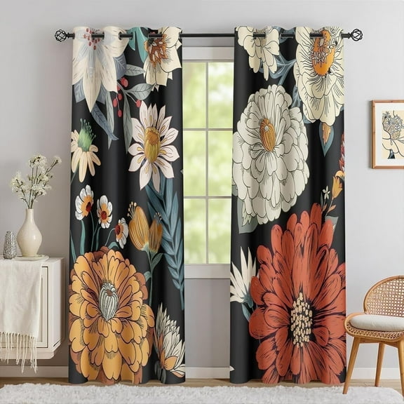 Black Boho Flora Blackout Curtains for Bedroom Mid Century Botanical Curtains for Living Room Grommet Thermal Insulated Room Darkening Window Drapes,52"W*84"L,2 Panels