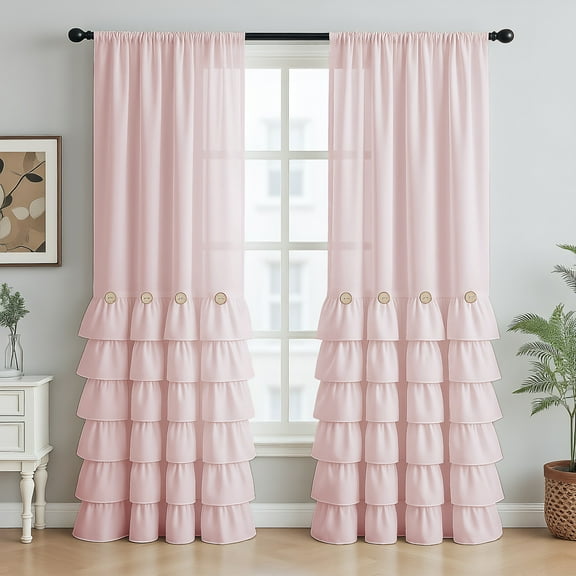 Pink Ruffle Blackout Thermal Insulated Window Curtain Vintage Chic Farmhouse Button Treatments for Living, Dining Room, Bedroom, 52”W x 84"L,Rod Pocket 1 Panel