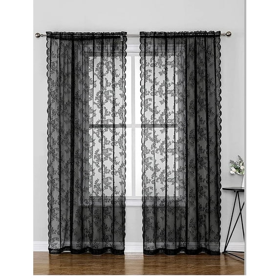 Black Lace Curtains 84 Inches Long - Vintage Floral Black Sheer Curtains 1 Panel, Gothic Sheer Lace Curtains for Living Room, Rod Pocket Black Sheer Window Curtain Panels, 52 x 63 Inch, Black