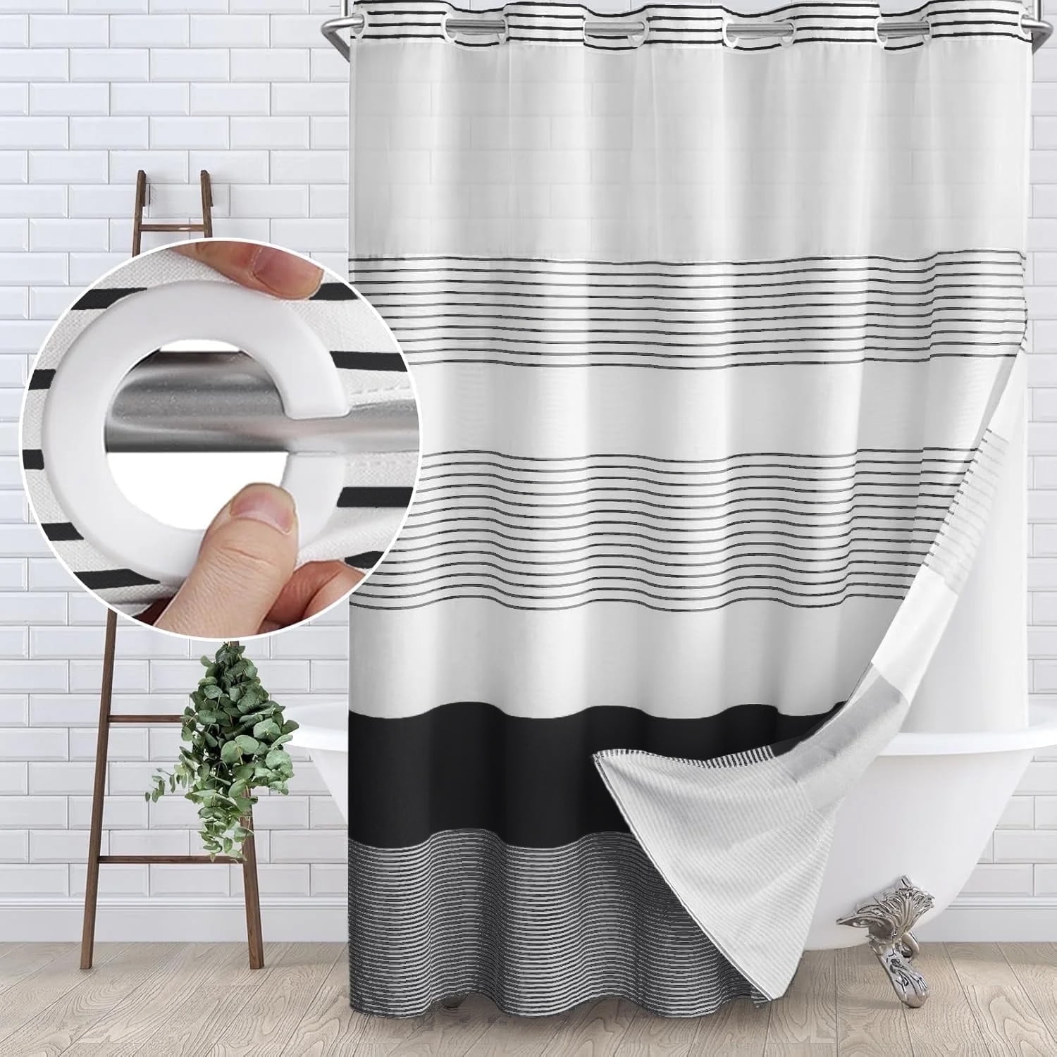 No Hook Shower Curtain with Snap in Liner Set Cotton and Linen Blend Shower Curtain for Bathroom Boho Farmhouse Black Striped 75" L x 72" W
