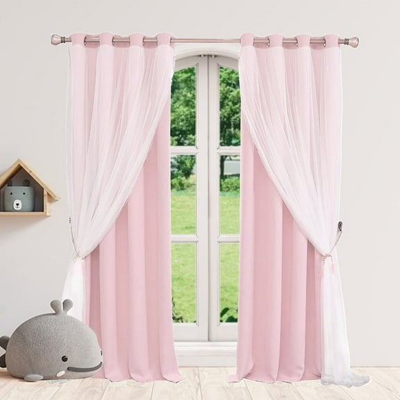 Pink Curtains 84 Inch Long- Blackout Curtains with Voile Sheer Drapes Thermal Pink Window Treatments with Tie-Backs for Kids/Girls Bedroom Nursery Living Room, Elegant, 1 Panel