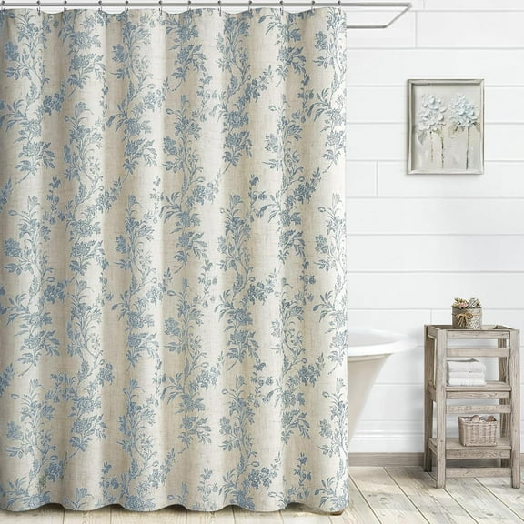 Psoiuetr Beige Linen Shower Curtain Blue Cotton Floral Cottagecore Spring Shower Curtain for Bathroom 72" W x 72" L