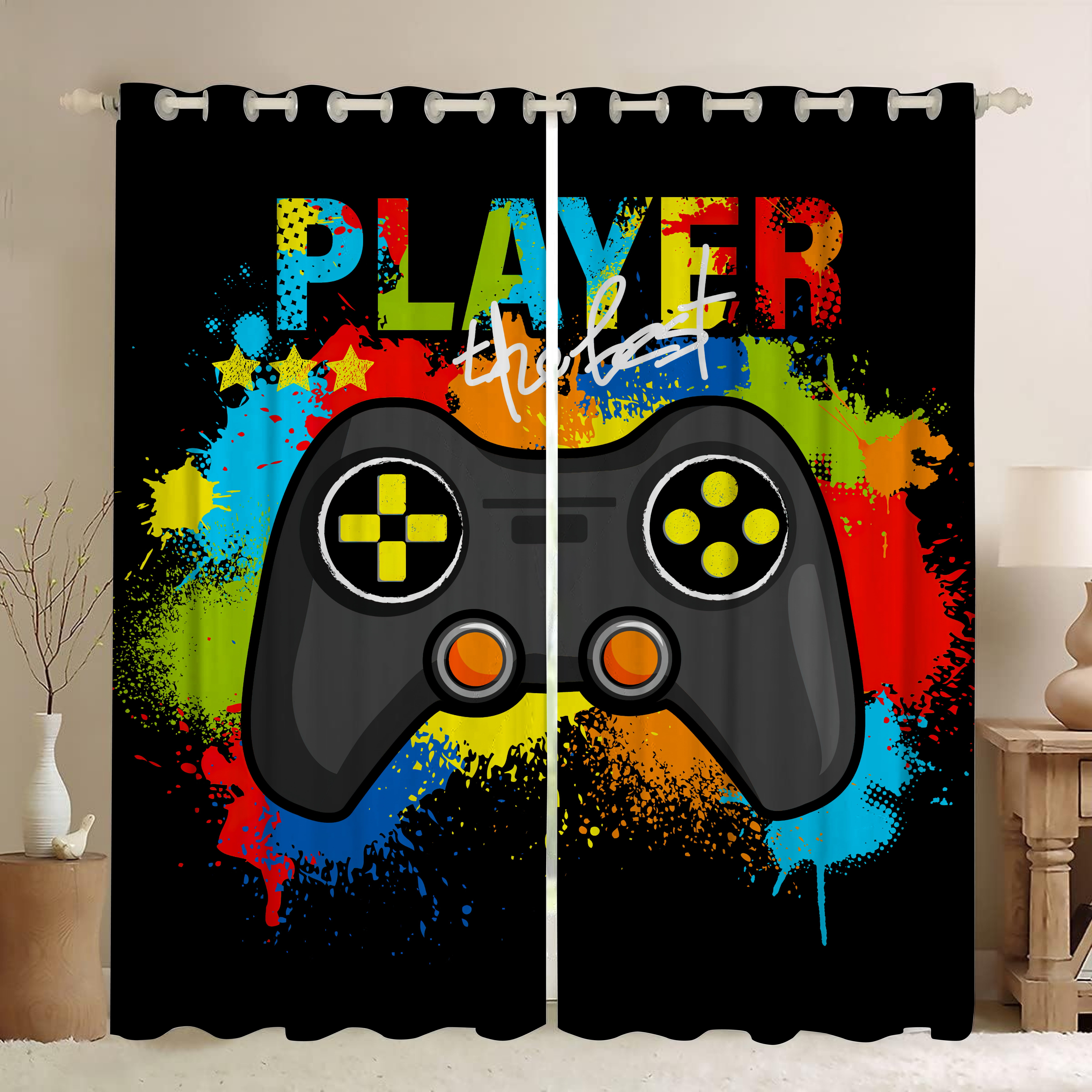 Gaming Game Controller Blackout Curtains - Colorful Gamer Gamepad Decor for Kids Boys Teens Teenager Bedroom Home Living Room Darkening Grommet Window Drapes 2 Panel Set, 52"x84"