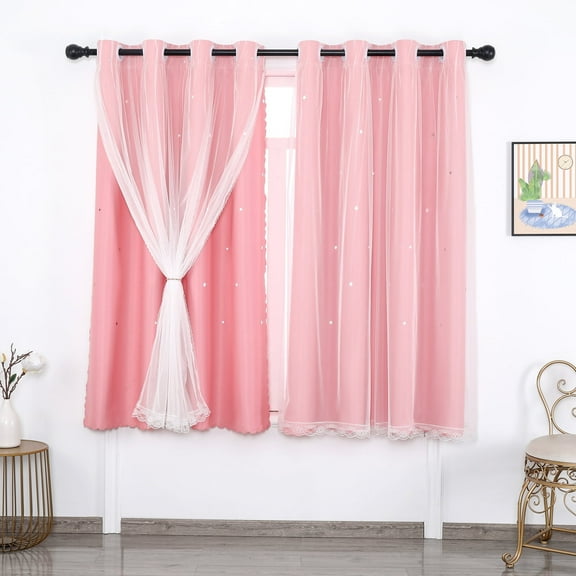 Pink Blackout Curtains for Girls Bedroom - Aesthetic Star Cutout Double Layer with Sheer Overlay, 63 Inch Length 1 Panel Baby Nursery Curtains Kids Room Decor Drapes