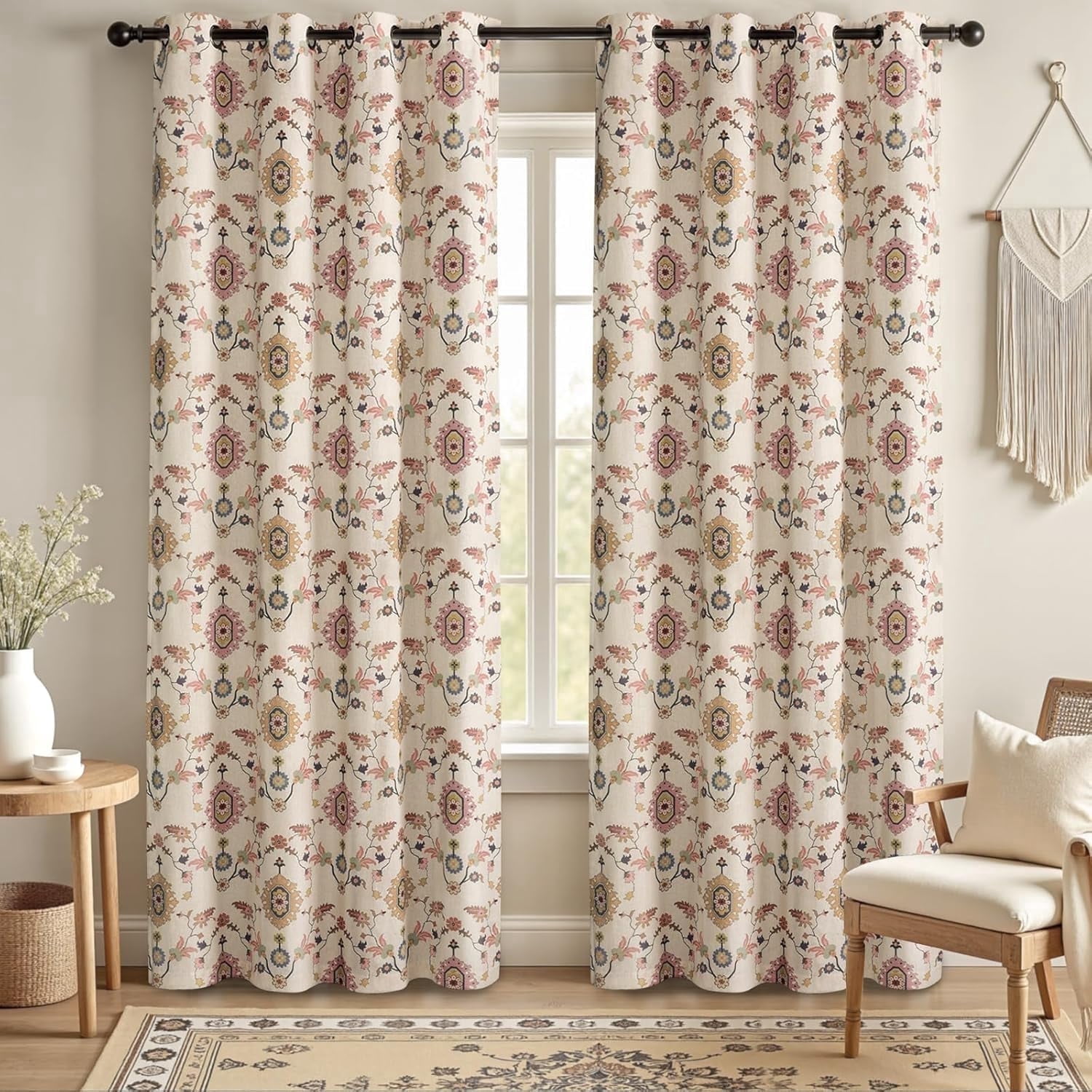 Boho Blackout Curtains Beige Window Treatment Drape 63 Inch Floral Printed Vintage Curtains for Living Room Bedroom with Grommet 1 Panel 52" W x 63" L