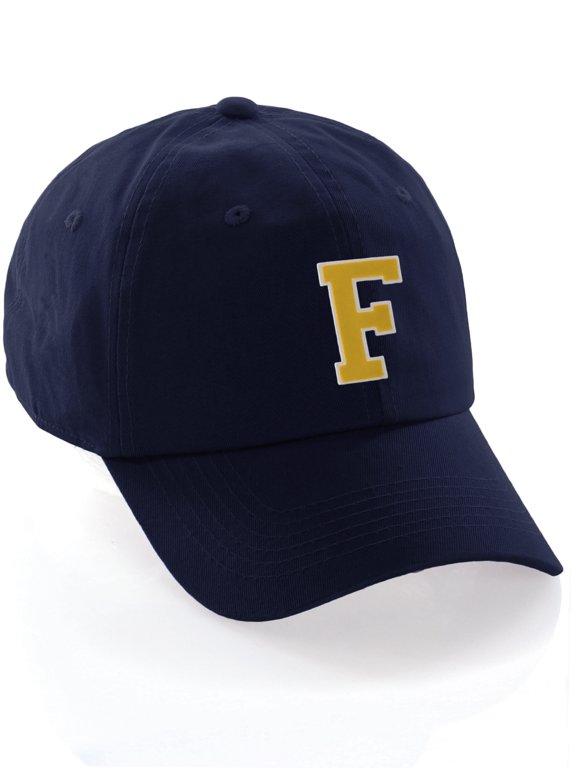 Customized Letter Intial Baseball Hat A to Z Team Colors, Navy Cap White Gold Letter E