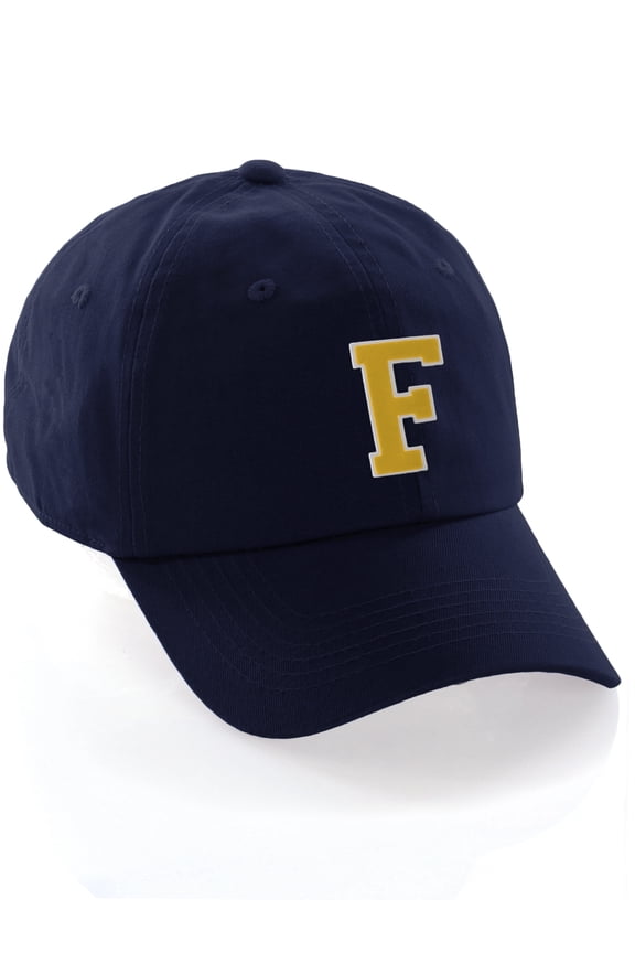 custom dad hat a-z initial raised letters classic baseball cap - navy hat with white gold letter