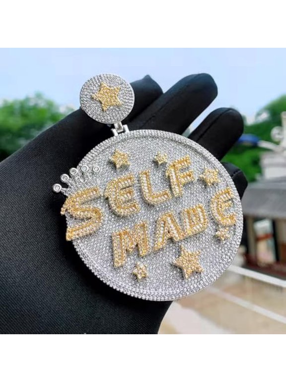 Custom "Self Made" Silver & Gold Tone Hip Hop Pendant Necklace with Cubic Zirconia - Iced Out Round Charm with Crown, Stars & Letters, 24 Inch Braided Chain, Streetwear Jewelry for Men and Wom