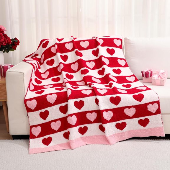 customization Valentine's Day Knit Throw Blanket, 50 x 60 Inch Heart Pink Red White Reversible Knitted Throw Blanket, Soft Lightweight Cozy Love Gift for Wife Women Couch Sofa Bed Decor