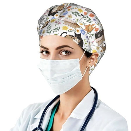 cute cat Bouffant Caps with Button and Sweatband, Adjustable Scrub Caps hat for Women Men