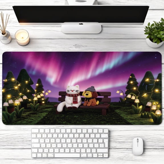 cute cat and dog sitting on bench under aurora Mouse Pad，Non Slip Rubber Pad，Desktop Decoration Drotection Pad，Washable，Lock Edge Multi Size，Mousepad For Home