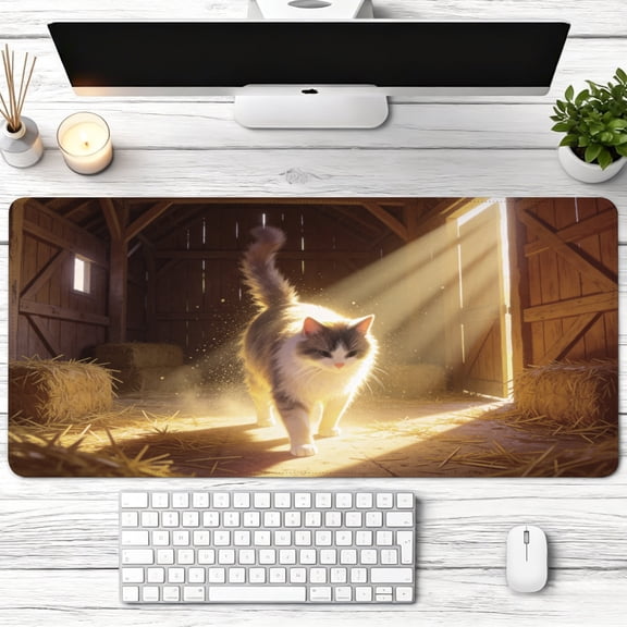 cute fluffy cat in wooden barn sunlit aesthetic Mouse Pad,Non Slip Rubber Pad,Desktop Decoration Drotection Pad,Washable,Lock Edge Multi Size,Mousepad For Home