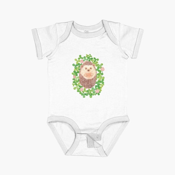 cute hedgehog in cloverfield on moss green background Short Sleeve Baby One-Piece - 1244