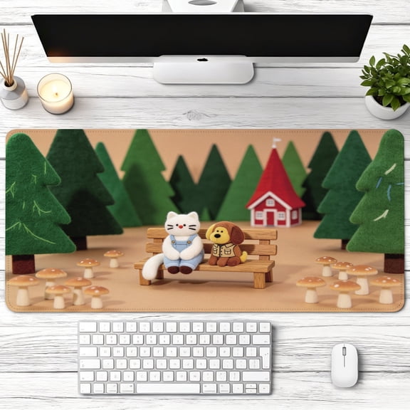 cute needle felt cat and dog in forest Mouse Pad,Non Slip Rubber Pad,Desktop Decoration Drotection Pad,Washable,Lock Edge Multi Size,Mousepad For Home