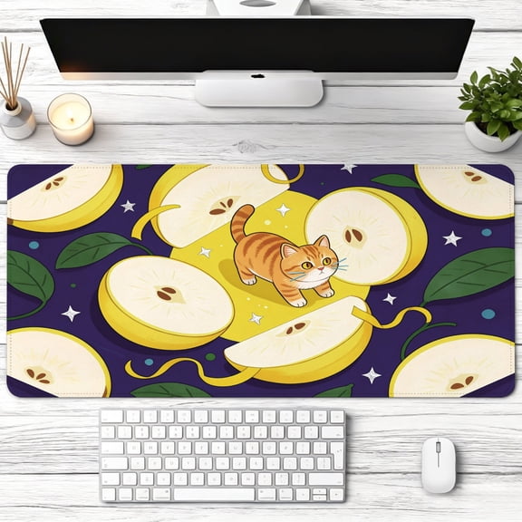 cute orange tabby cat and fresh yellow apple slice pattern Mouse Pad,Non Slip Rubber Pad,Desktop Decoration Drotection Pad,Washable,Lock Edge Multi Size,Mousepad For Home