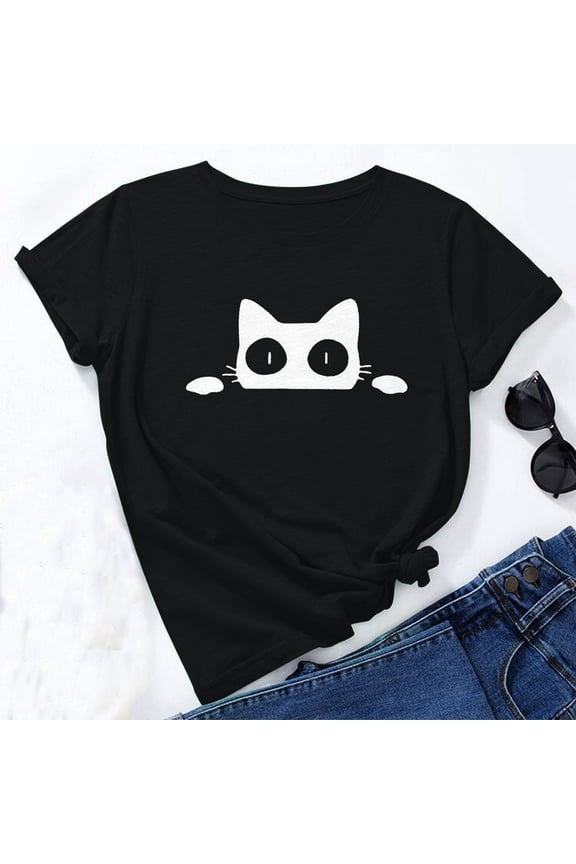 cute tops for women trendy going out summer short sleeve cat shirt basic round neck tee comfy soft shirts