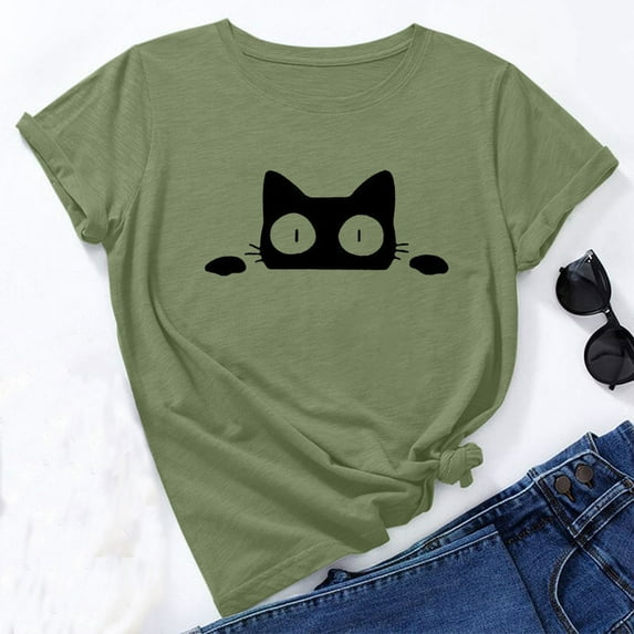 cute tops for women trendy going out summer short sleeve cat shirt basic round neck tee comfy soft shirts