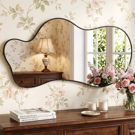 CuteDAY Irregular Wall Mirror, 48"x26" Asymmetrical Mirror, Black Decorative Modern Wall Decor, Wall Mounted