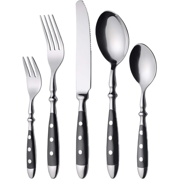 cutlery set for 6 persons made of stainless steel, Heavy, Rustic, Table cutlery set 30 pieces, Forged cutlery with black handles - Nuremberg series