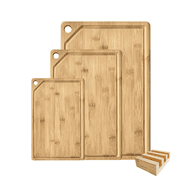 Behome 3 Pack Bamboo Cutting Boards Set for Kitchen, Wooden Chopping Boards with Holder and Deep Juice Grooves, Durable Serving Boards for Meat, Vegetables & Fruits