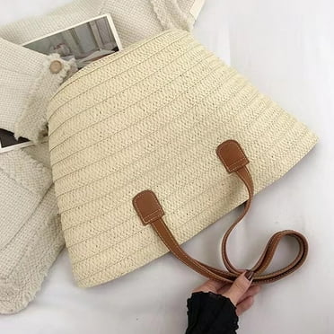 cuyhtdup Khaki Straw Beach Bag - Large Woven Shoulder Tote with Zipper Closure, Soft Paper Rope Leather, Perfect for Women’s Travel, Shopping, Gym, and Everyday Use, Size 44x29cm, Ideal Gift for Any