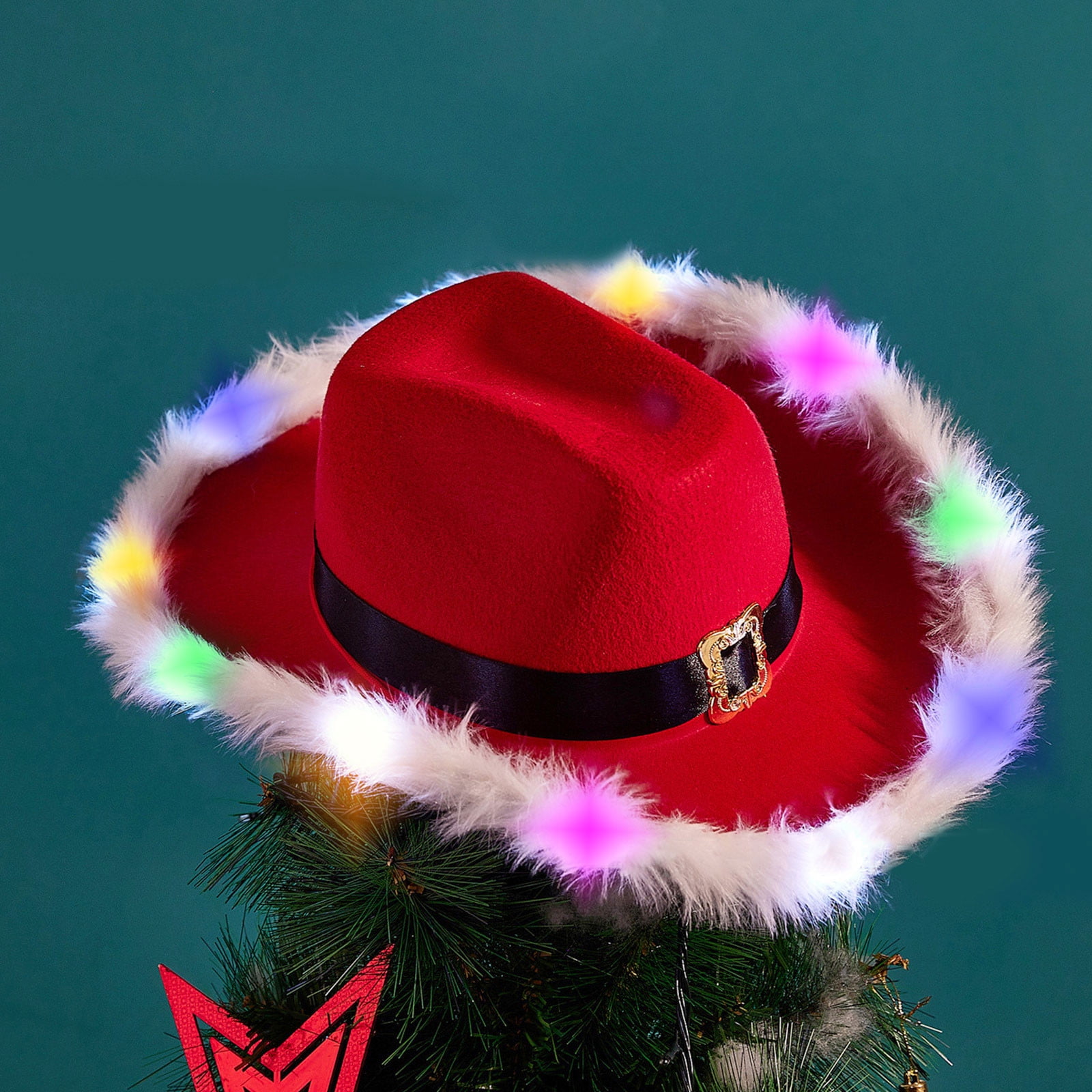 cvlncycling Christmas Hat,Christmas Feather With LED Lights Cowboy Hat Red Western Cowboy Red Hat Santa Claus Trimmed Lights Hat for Holiday Wedding Party Christmas Decorations Clearance