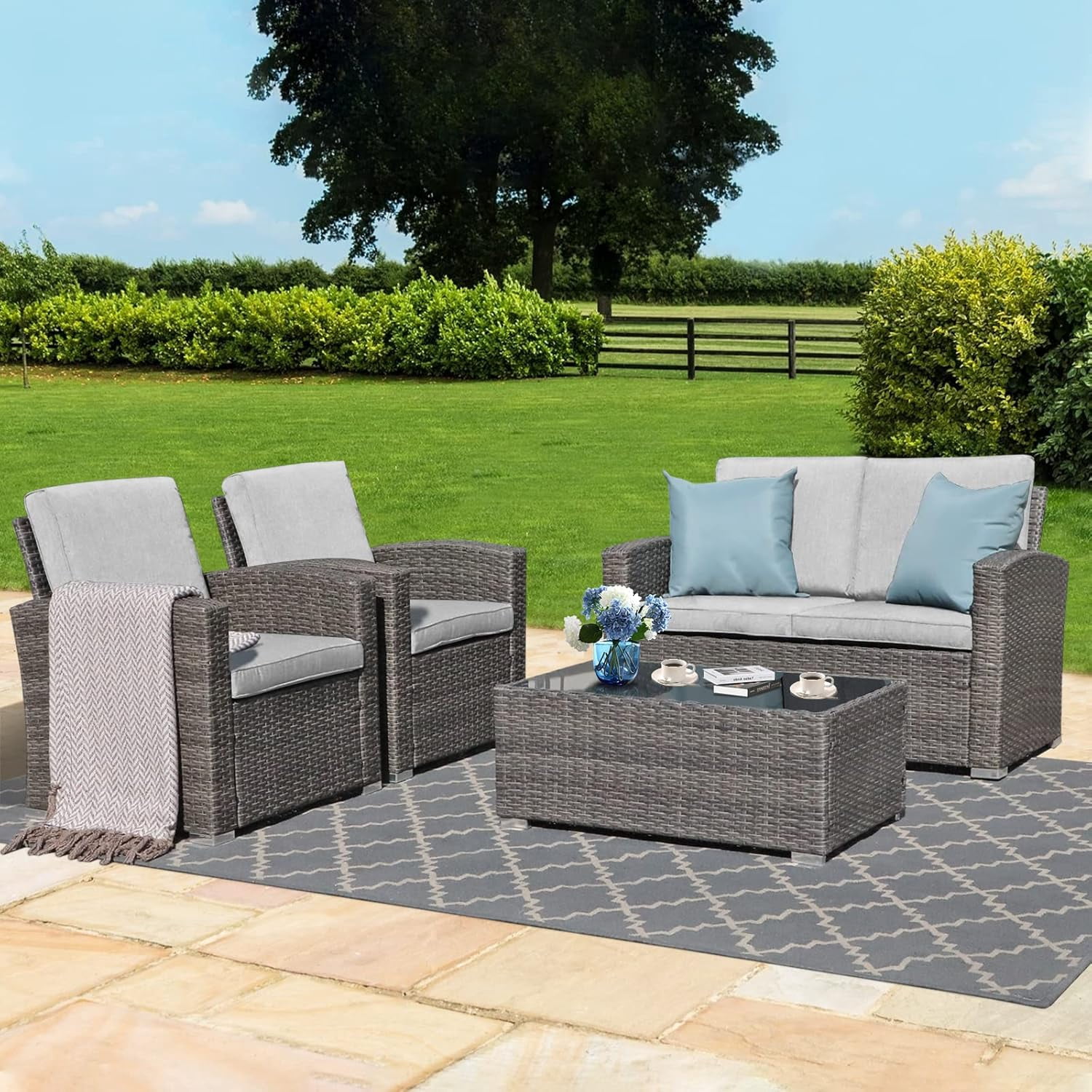 cvtubitdv 4 Piece Patio Conversation Set All Weather Rattan Wicker ...