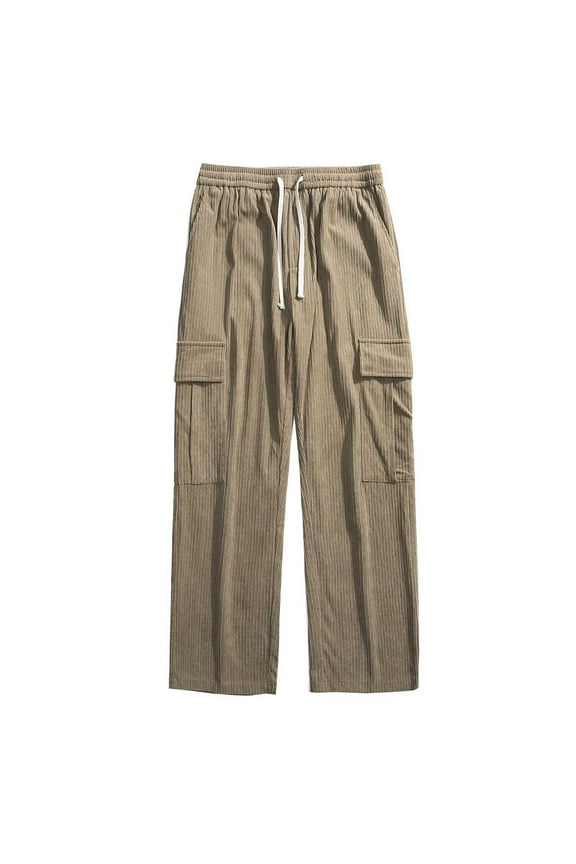 Men'S Pants,Men'S Casual Drawstring Straight Barrel Trousers Carry Pockets Cotton Wool Cargo Pants
