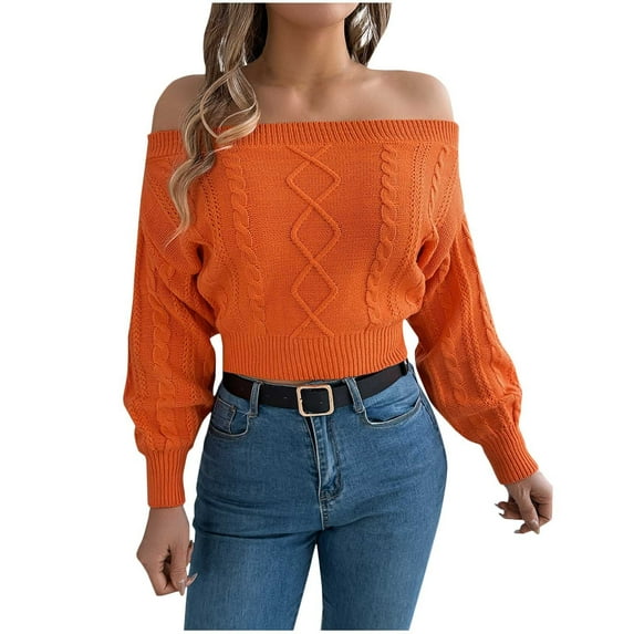 Buigttklop Off The Shoulder Sweater for Women Fall Fashion Cute Pullover Long Sleeve Waffle Sweatshirt Y2K Cable Knit Top