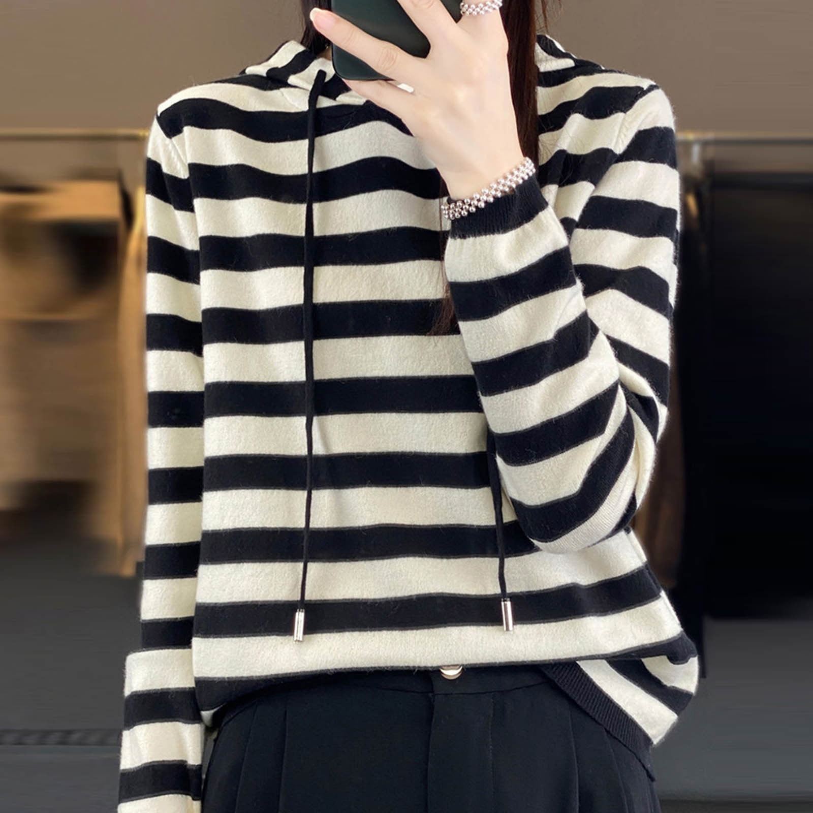 BUIgtTklOP Women's Casual Hooded Striped Print Sweaters Fashion Loose Long Sleeve Pullover Hoodies Fall Dressy Tunic Tops