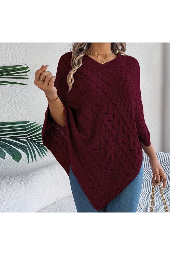 Womens Knitted Sweater Cape Shawls Casual V-Neck Wrap Pullover Tops 3/4 Sleeve Asymmetric Hem Poncho Sweater