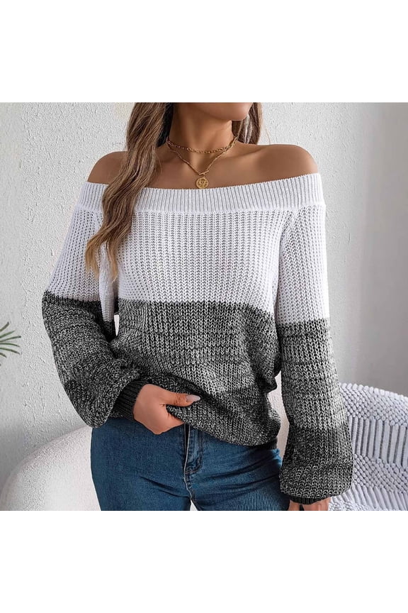 Womens Oversized Sweater Color Block Off The Shoulder Pullover Sweaters Cable Knit Chunky Striped Tops