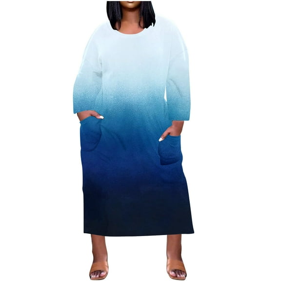 Buigttklop Long Sleeve Dresses for Women,Plus Size Dress for Women Round-Neck Casual Sundresses Pocket Knee Long Sleeve with Pockets
