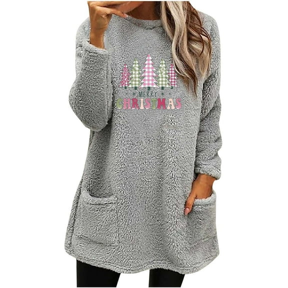 Buigttklop Sweater for Women Women'S Round-Neck and Winter Loose Print Pocket Warm Long Sleeve Blouse Tops