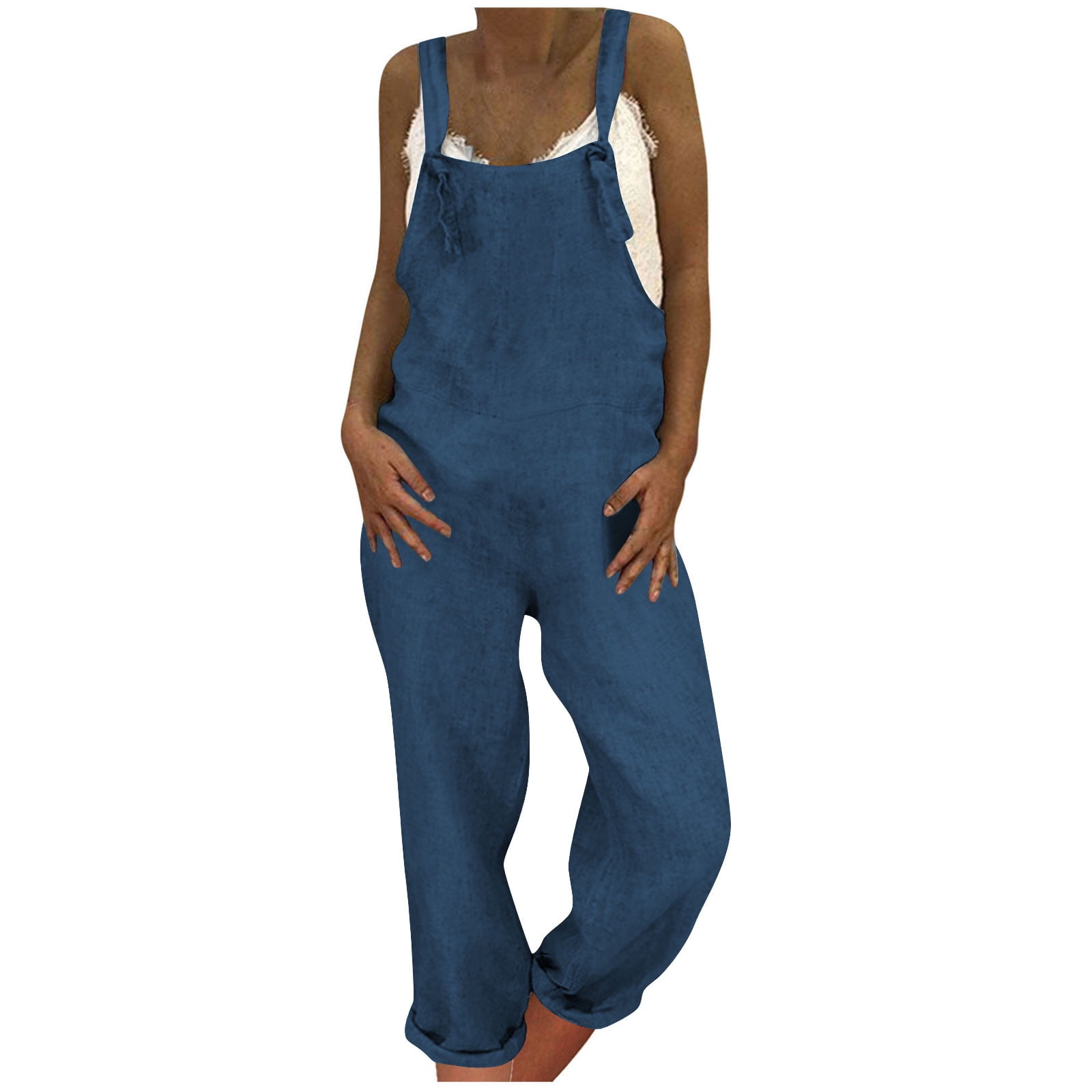 BOMBOM Knot Straps Wide Leg Ribbed Overalls with Pockets