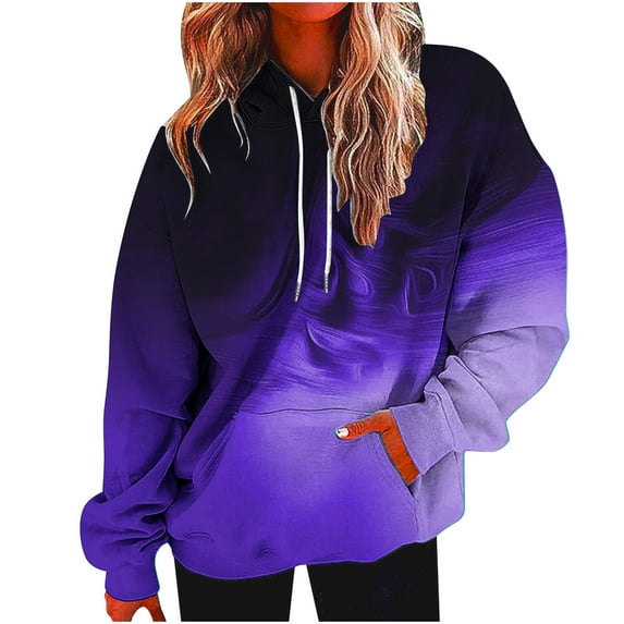 Under 10$ Buigttklop Women Long Sleeves Casual Hooded Printing Crewneck Pullover Sweatshirt Tops