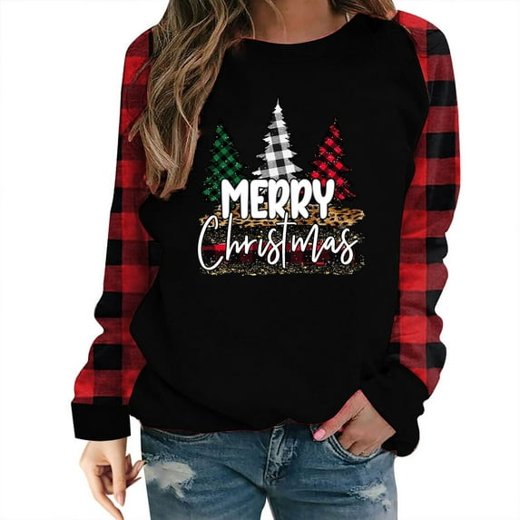 Under 10$ Buigttklop Womens Long Sleeve Plaid Christmas Print Splicing Round Neck Pullover Shirt T-Shirt Tops