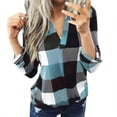 thumbnail image 1 of cyber mondy sale Transer Women's Basic V Neck Plaid Shirts Cuffed Long Sleeve Casual Tops Blouses Casual Roll Up Long Sleeve Plaid Shirt Slim Top, 1 of 5