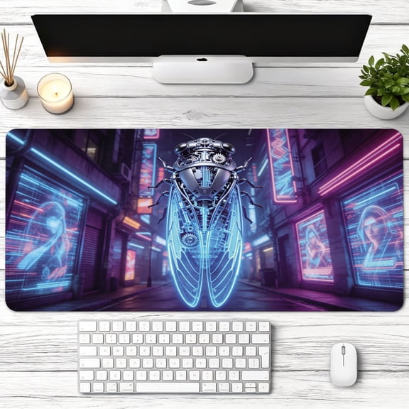 cybernetic mechanical insect glowing neon city Mouse Pad， Non Slip Rubber Pad， Desktop Decoration Drotection Pad， Washable， Lock Edge Multi Size， Mousepad For Office， Gaming Setup