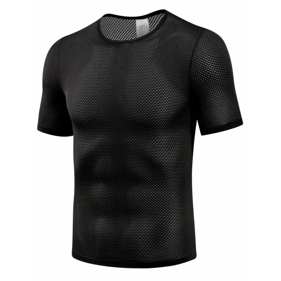 Qualidyne Men’s Short Sleeve Cycling Base Layer, Quick-Dry Breathable Mesh Bike Undershirt with Stretch for Road Riding & MTB