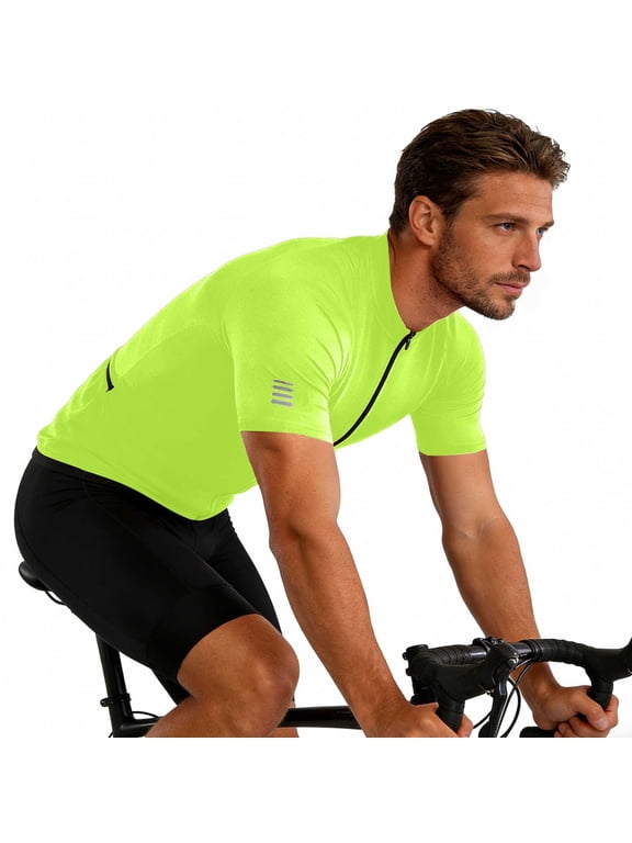 cycling jersey men, Men's Cycling Bike Jersey Short Sleeve with Half Front Zipper 3 Rear Pockets Breathable Biking Shirts Green XL