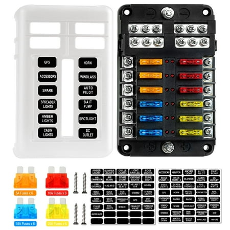cyrico 12 Way Fuse Block, 12v Fuse Box Holder with Led Indicator Waterproof Cover, 12 Circuits Fuse Panel with Negative Bus for 12V/24V Automotive Car Truck Boat Marine RV Van Vehicle (24 Pcs Fuse)