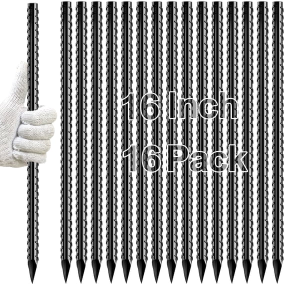 cyrico 16 inch Rebar Stakes, Heavy Duty 16 Pack Ground Stakes with Chisel Point End, 3/8" Diameter Straight Steel Metal Anchor for Camping