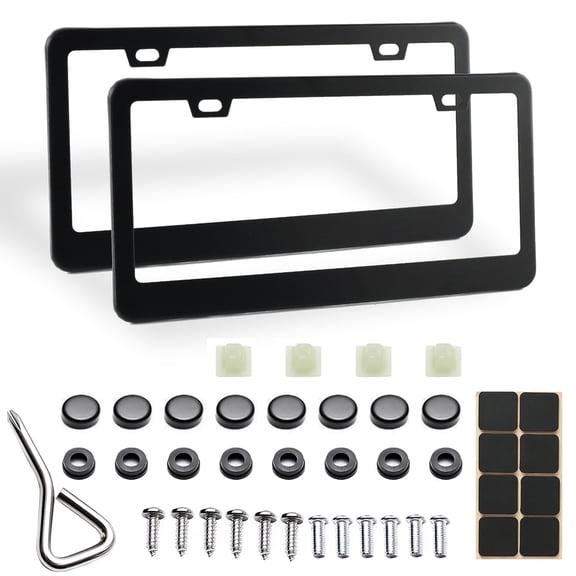 cyrico 2 Pack Stainless Steel License Plate Frames, Matte Black License Plate Holder for Women Men with 2 Holes, Universal Car License Plate Cover with Mount Hardware, Screws, Caps, Rattle Proof Pads
