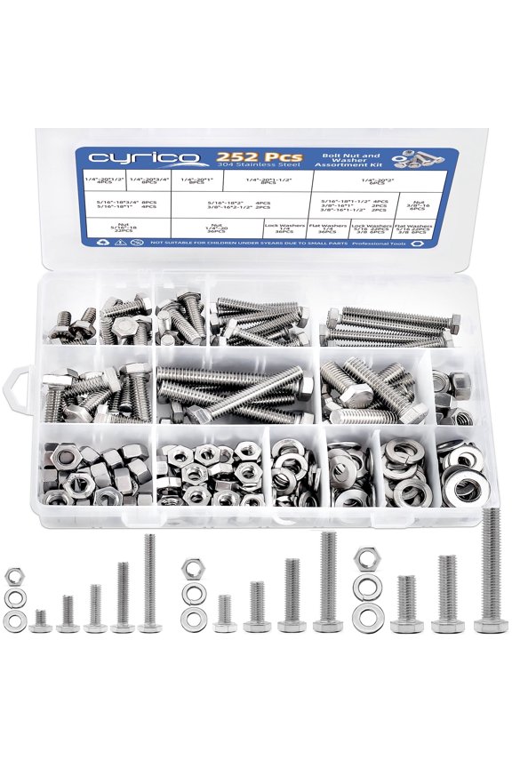 252 Pcs Nuts and Bolts Assortment Kit, 304 Stainless Steel Hex Bolts and Nuts Washers Kit, 12 Size 1/4-20 5/16-18 3/8-16 Machine Screw Set Full Thread with Storage Case
